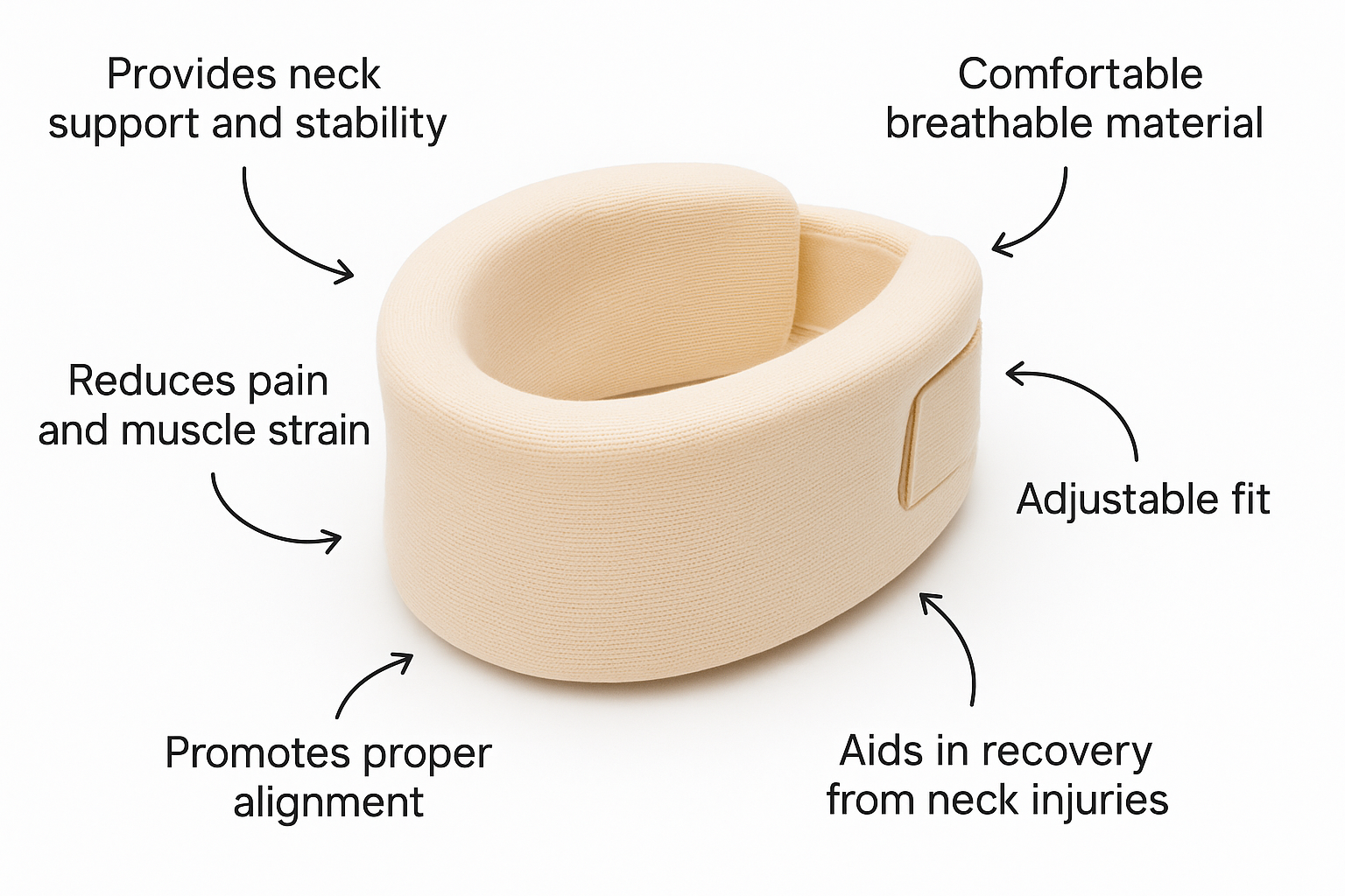 generate an  image of cervical collar soft where benefits are shown